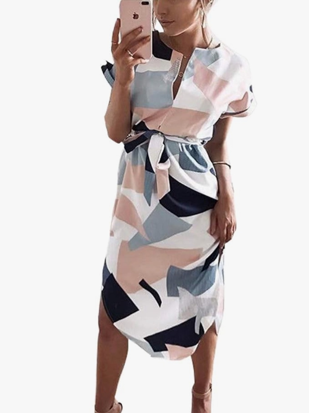 Abstract Print Midi Dress in Pink and Blue